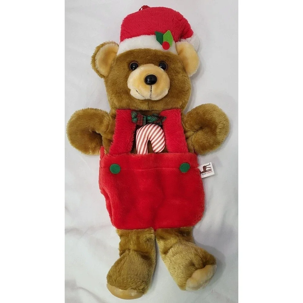 Vintage Santa's Best Christmas Stocking Brown Teddy Bear with Candy Cane Plush